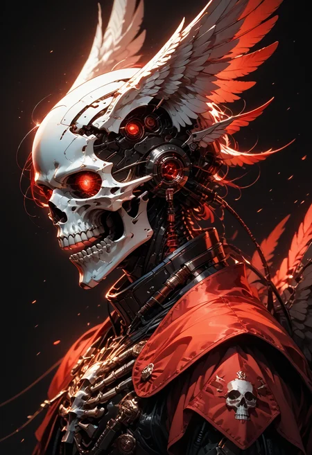 (score_9, score_8_up), score_7_up, solo, simple background, red eyes, upper body, wings, teeth, armor, from side, no humans, profile, glowing, feathers, robot, black background, head wings, glowing eyes, feathered wings, light particles, 1other, science fiction, skull, cable, glowing eye, cyborg, mechanical parts, spine,
<lora:BioPunky:0.5>, black theme, dskxadms, comic art, dof, depth of field, blurry background, detailed line work, low key, cinematic Lighting, detailed background, red theme,<lora:sdxl_lightning_8step_lora:1><lora:Art_Adams_Style_Pony_XL:0.4><lora:Dark_Anime:0.2><lora:glowneon_xl_v1:0.5> <lora:unholy:0.2> <lora:CINE:0.3>