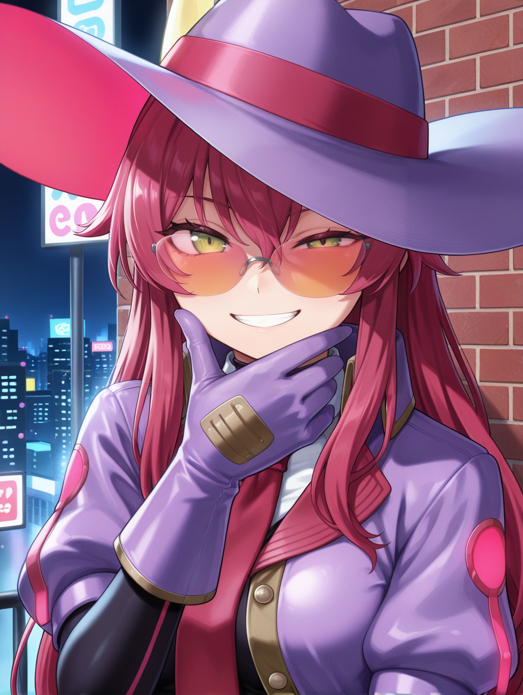 evil twin ki-sikil,1girl,solo,smile,looking at viewer,upper body,grin,hand up,red necktie,hand on own chin,purple large hat,purple gloves,purple cropped jacket,orange-tinted eyewear,black bodystocking,phantom thief,brick wall,searchlight,half-closed eye,night, cityscape, 
masterpiece,best quality,amazing quality,very aesthetic,absurdres,newest,<lora:Evil Twin illuXL v1:0.7>,