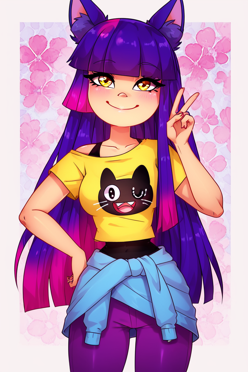 score_9, score_8_up, score_8, medium breasts, (curvy), cute, eyelashes,       BREAK, ,  ,,, zzMiko, long hair, purple hair, blunt bangs, multicolored hair, yellow shirt, short sleeves, t-shirt, print shirt, off shoulder, animal print, jewelry, purple pants, blue jacket around waist,  <lora:MikoKubota_PDXL_v2:0.8>,  ,,,  , BREAK, smile, closed mouth, looking at viewer, cowboy shot, ,,, embedding:zPDXL, Expressiveh, ,,, <lora:Puppypaww_Style_PDXL_v2:0.8>, <lora:SDXLFaeTastic2400:0.5>, <lora:Expressive_H-000001:0.4>,