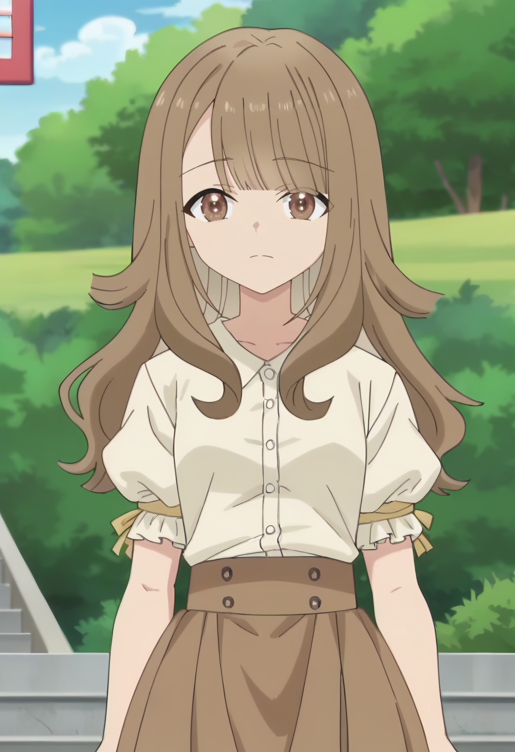 <lora:Hikari Tanabe:0.9>  Hikari Tanabe, 1girl, brown eyes, long hair, brown hair , solo,blunt bangs,      brown skirt, white shirt, short sleeves, puffy sleeves, looking at viewer, score_9, score_7_up,anime coloring ,source_anime, anime, anime screencap