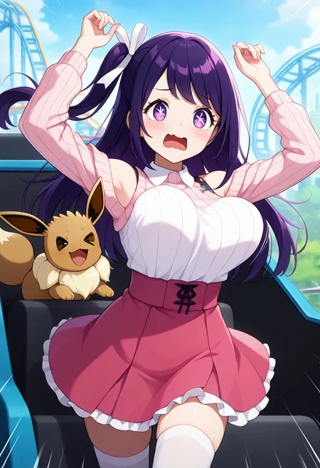 1girl, 
patHoshino, ai hoshino, long hair, bangs, purple eyes, purple hair, symbol-shaped pupils, long sleeves, sweater, ribbed sweater, white camisole,  one side up, hair ornament, hair ribbon, white thighhighs, zettai ryouiki, idol, pink dress, sleeveless, pink skirt, frilled skirt, bare shoulders, white collar,
 big breasts, bouncing breasts, roller coaster, ground vehicle, motor vehicle, motion, motion lines, motion blur, open mouth, wavy mouth, arms up, >o<, happy,, BREAK,
zzEV,, eevee, pokemon_(creature), 
masterpiece, best quality, very aesthetic, absurdres,newest, perfect light, vibrant colors, [high saturation],2020s,highres, very awa,