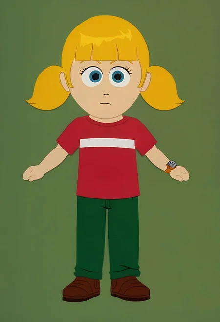 score_7_up, BREAK, penny \(inspector gadget\), 1girl, solo,blonde hair, twintails, blunt bangs, blue eyes, red shirt, green pants, brown shoes, wristwatch, reinforced knee, chibi, SPstyle, source_cartoon, 2D, kid
