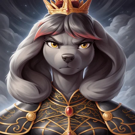 masterpiece, score_9_up, score_8_up, score_7_up, score_6_up, source_furry, (best quality:1.1), ultra-detailed, high resolution, 1dog girl, solo, Princess Molly, female, anthro, canine, slim body, (beautiful detailed yellow eyes), long eyelashes, black fur, short black hair, red hair tips, fluffy tail, big floppy dog ears, animal nose, small breast, detailed facial features, royal armor, crown, dark sky, dust, fierce expression, determined, action pose, dramatic lighting, highly visible, anatomically correct, dynamic scene, detailed background