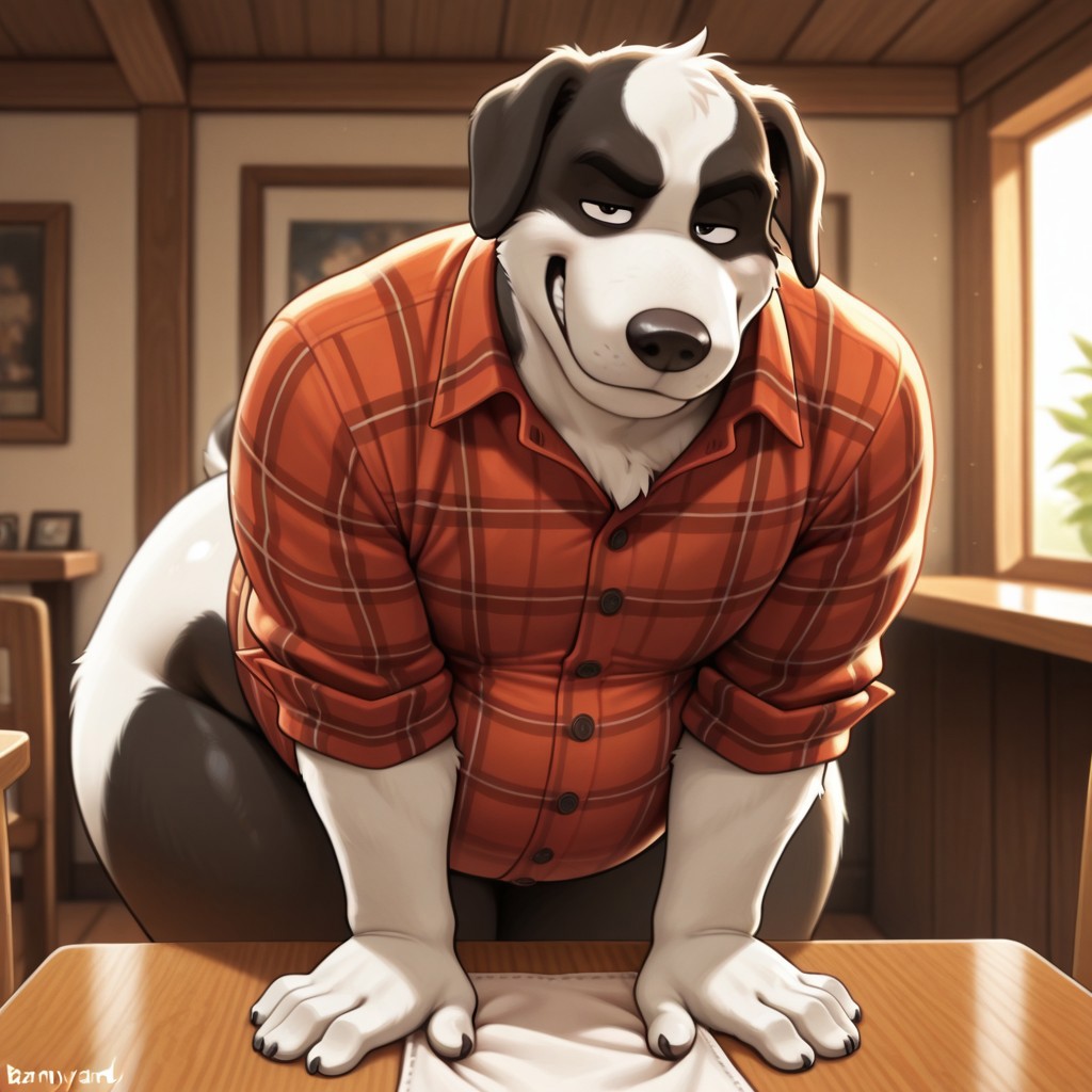 masterpiece, best quality, amazing quality, duke, barnyard, male dog, furry male, anthro, solo, handkerchief, plaid shirt, chubby, overweight, wide hips, big butt, thick thighs, leaning forward on table, smirk, hands on table, looking at viewer, indoors, table, front view