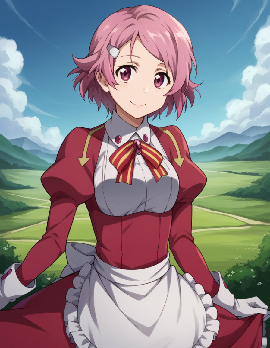 score_9, score_8_up, score_7_up, source_anime,
rikashinozaki, <lora:rika-shinozaki-s1-ponyxl-lora-nochekaiser:1>,
rika shinozaki, short hair, hair ornament, pink hair, hairclip, pink eyes, freckles, parted bangs,
long sleeves, ribbon, neck ribbon, puffy sleeves, juliet sleeves, collar, gemstone, gloves, dress, red dress, frills, apron,
outdoors, landscape, smile,
looking at viewer, cowboy shot, solo, dutch angle,