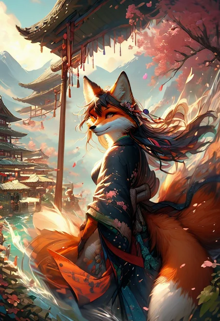 score_9_up,score_8_up,score_7_up,(masterpiece),(best quality),hyper detailed,perfect anatomy,anthro fox girl,foxfolk,dazzling,perfect face,
sexy,seductive,long hair,cleavage,black hair,print_kimono,furisode,orange furr,
wind_lift,dusk,outdoor,in spring,falling petals,cherry blossoms,looking_back,looking_at_viewer,dynamic_angle,