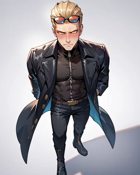 PonyScores7, source_anime, ah1, best quality, (masterpiece:1.4), (high quality:1.4), sharp focus, 4k, absurd resolution, <lora:albertwesker-guy-PONYv1:0.8> albertwesker, albert wesker, 1boy,  blonde, black gloves, (sunglasses:1.3), belt, black coat, black pants, looking at viewer, toned, athletic, fit, slicked back hair, black turtleneck, zipper, mature male, (graphene textured clothes), black boots, (exchanging thoughtful and meaningful gifts), bad-hands-5, ((embarrassed, blushing, looking away expression)), <lora:xl_more_art-full_v1:0.2>, <lora:shinyskin2:0.2> glistening skin, <lora:aesthetic_anime_v1s:0.2>, <lora:Expressive_H:0.2> Expressiveh, <lora:hairdetailpxl:0.2> hairdetailpxl, <lora:detailxl:0.2> detailxl, (High Angle view medium Close shot (focus on head)), (focused, intense glare), slit pupils, short hair, (reddish orange eyes), best quality, amazing quality, best aesthetic, absurdres, <lora:expressive eyes:0.2> expressive eyes, <lora:eyedetailpxl:0.2> eyedetailpxl, illustration, Volumetric_Lighting, ultra-detailed, very aesthetic, intricate details, 8k, masterpiece, best_quality, (angular face, sharp_featured face), <lora:Eyes_High_Definition:0.6> EyesHD, <lora:Choking_for_Pony:0.8> choking, asphyxiation