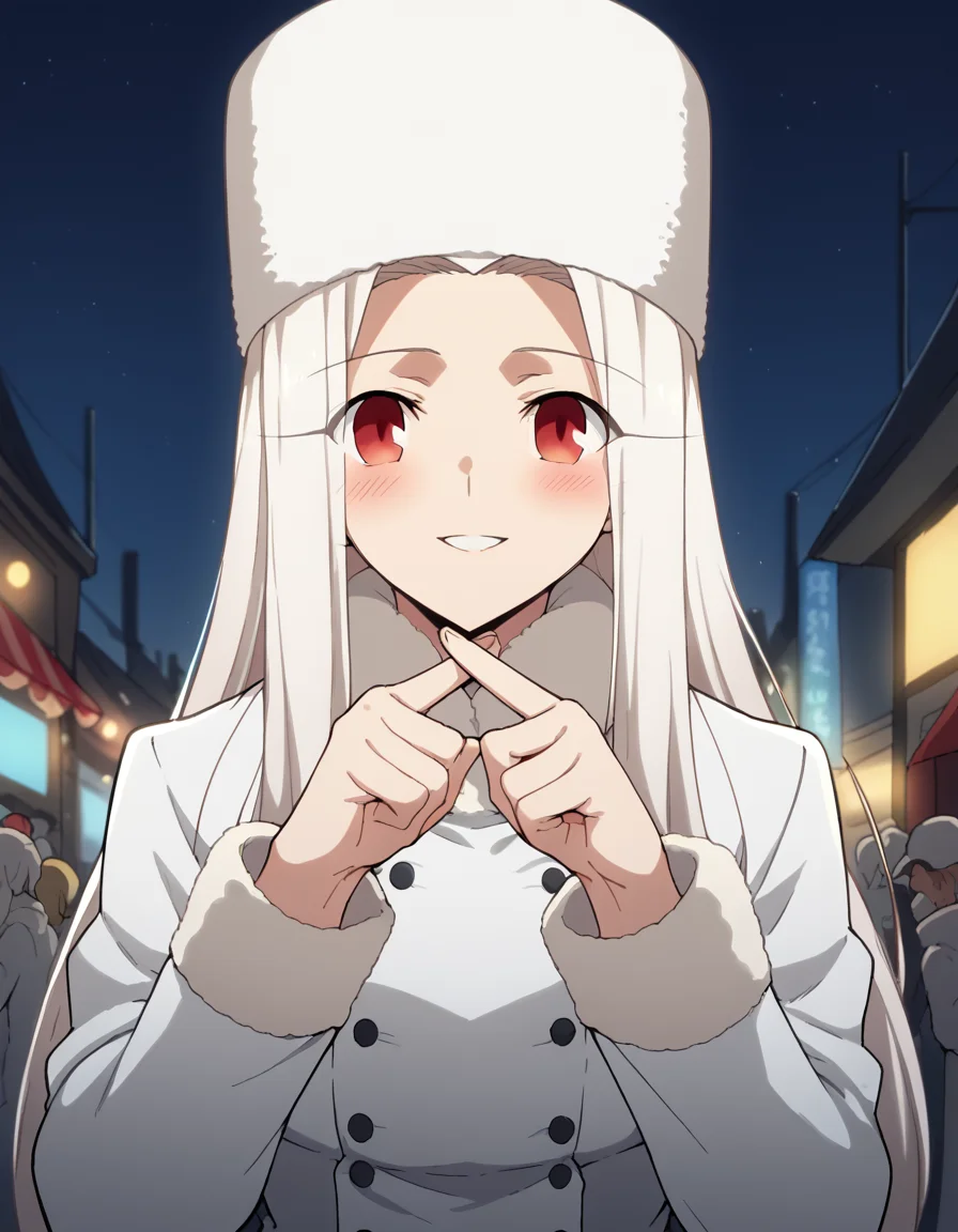 score_9, score_8_up, score_7_up, source_anime, <lora:irisviel-von-einzbern-zero-anime-ponyxl-lora-nochekaiser:1>, irisviel von einzbern, long hair, red eyes, white hair, parted bangs, hair intakes, mature female,, hat, coat, fur trim, white headwear, white coat, winter clothes, fur hat, winter coat,, street market, vendor, street food, bustling crowd, local flavor, vibrant, smile, <lora:x-fingers-ponyxl-lora-nochekaiser:1>, x fingers, blush, parted lips,, looking at viewer, solo,, dutch angle, cowboy shot