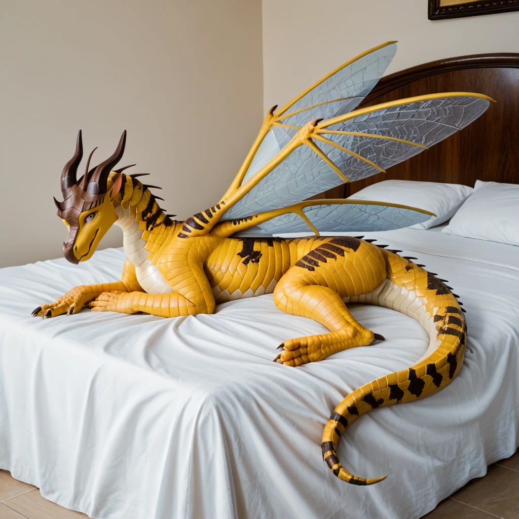 core_9, score_8_up, score_7_up, score_6_up, masterpiece, high quality, realistic, detailed, best quality, 1girl, solo, rating_safe, source_furry, bedroom, smiling, seductive, looking at viewer, lying on bed, negative_hand, lying on bed, Hivewing, yellow black scales, four wings, wasp wings, dragon, horns, claws, scales, wings, tail, feral, female, 1girl, full body