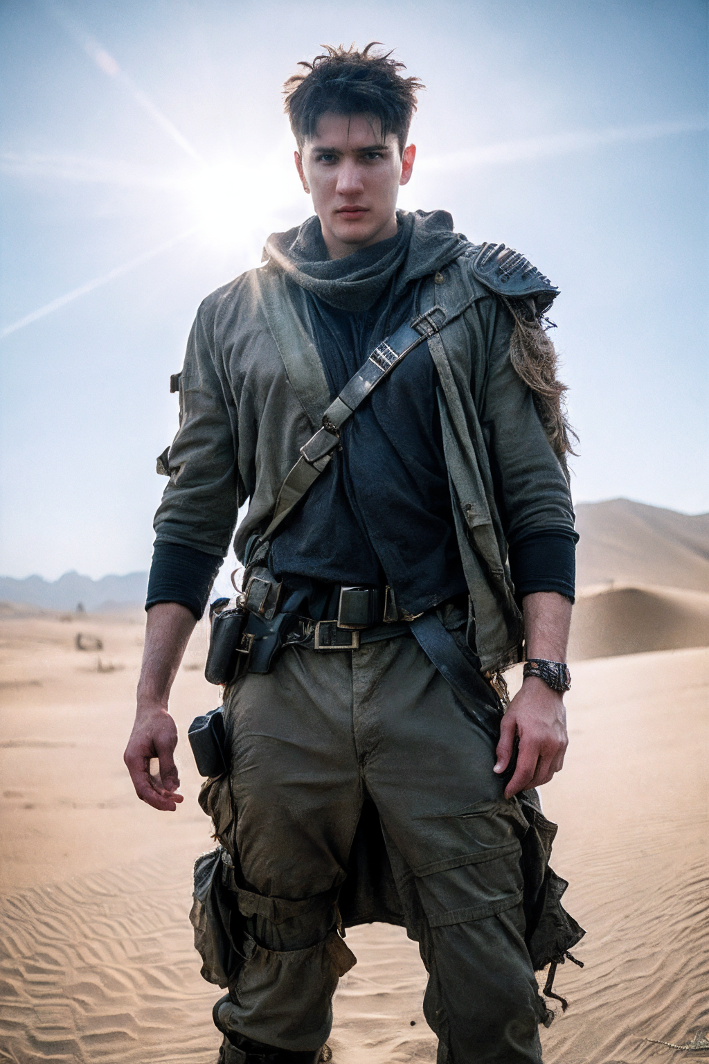 RAW photo, (masterpiece:1.3), subsurface scattering, heavy shadow, (high quality:1.4), (intricate, high detail:1.2), professional photography, HDR, High Dynamic Range, realistic, ultra realistic, photorealistic, high resolution, film photography, ambient lighting, atmospheric effects, OverallDetail, 1boy, male focus, a male raider in the desert Wasteland, torn army coat, ammunition belt with bullets, wasar, style of Mad Max, style of Fallout, epiCPhoto
<lora:WastelandArmor-10:0.75>, <lora:Wasteland-10:0.6>  <lora:AsianMan024:0.8>  <lora:add_detail:1>