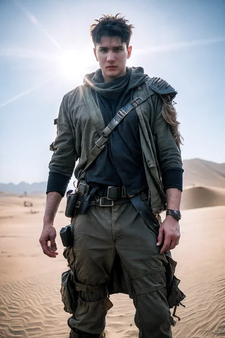 RAW photo, (masterpiece:1.3), subsurface scattering, heavy shadow, (high quality:1.4), (intricate, high detail:1.2), professional photography, HDR, High Dynamic Range, realistic, ultra realistic, photorealistic, high resolution, film photography, ambient lighting, atmospheric effects, OverallDetail, 1boy, male focus, a male raider in the desert Wasteland, torn army coat, ammunition belt with bullets, wasar, style of Mad Max, style of Fallout, epiCPhoto
<lora:WastelandArmor-10:0.75>, <lora:Wasteland-10:0.6>  <lora:AsianMan024:0.8>  <lora:add_detail:1>