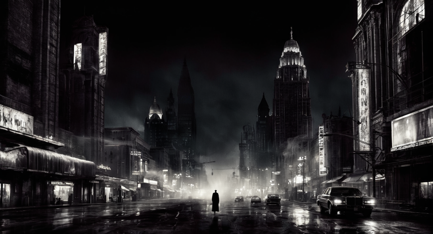 Dark Fantasy Art of  <lora:Sin City:1> 
a black and white photo of a city at night sin city style, dark, moody, dark fantasy style