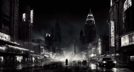 Dark Fantasy Art of  <lora:Sin City:1> 
a black and white photo of a city at night sin city style, dark, moody, dark fantasy style