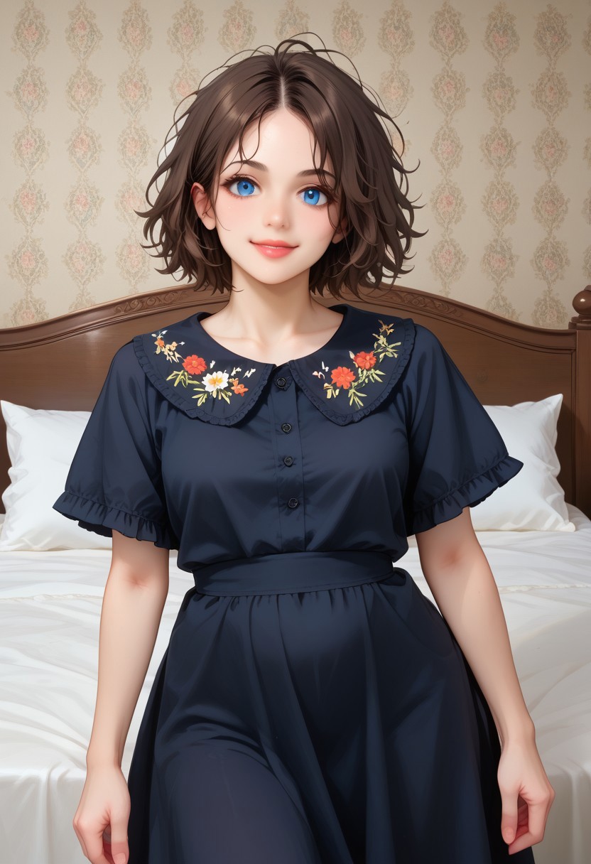 score_9, score_8_up, score_7_up,
masterpiece, best quality, detailed, amazing quality,
detailed background, bedroom, bed, pillows,
detailed eyes, clean eyes, 
dynamic pose,
solo, 1woman, woman,
easynegative,
slutty_m3l0dy, pale skin, short hair, blue eyes, dark brown hair, messy hair, curvy, happy,
cute dress, decorative_collar, embroidery, floral print, black dress