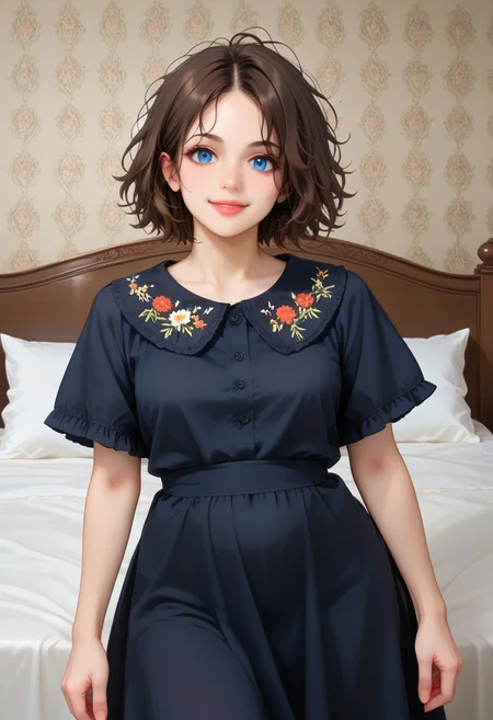 score_9, score_8_up, score_7_up,
masterpiece, best quality, detailed, amazing quality,
detailed background, bedroom, bed, pillows,
detailed eyes, clean eyes,
dynamic pose,
solo, 1woman, woman,
easynegative,
slutty_m3l0dy, pale skin, short hair, blue eyes, dark brown hair, messy hair, curvy, happy,
cute dress, decorative_collar, embroidery, floral print, black dress