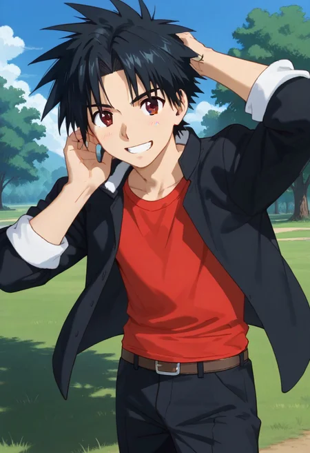 ((masterpiece)), ((best quality)), ((ultra-detailed)), ((absurdres)), score_9_up, score_8_up, score_7_up,
HD, top quality, best quality, amazing quality, High-quality illustrations, anime screencap, source_anime, best aesthetic, perfect proportions, perfect eyes, 1boy, 1male, solo boy, solo male, male focus, solo male focus, Anime, boy, male anime character, anime boy, handsome, attractive, cute, charming, sexy, hot, Touta Konoe, black hair, spiky hair, red eyes, black coat, short coat, red shirt, rolled sleeves, black pants, white shoes, updn, easynegative, neghands, Expressiveh, ((grass fields, beautiful view)), ((windy, leaves flying, hair swaying, clothes swaying)), big smile, happy, energetic, hand on hair pose