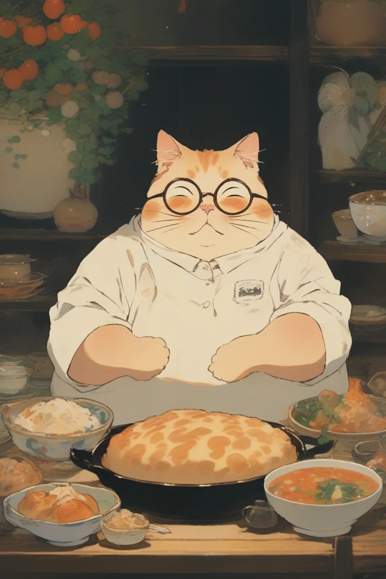 portrait art style, ghibli, fat cat ð¥´, fantasy, light magic,wear glasses,messy food, portrait art style, (masterpiece,best quality)