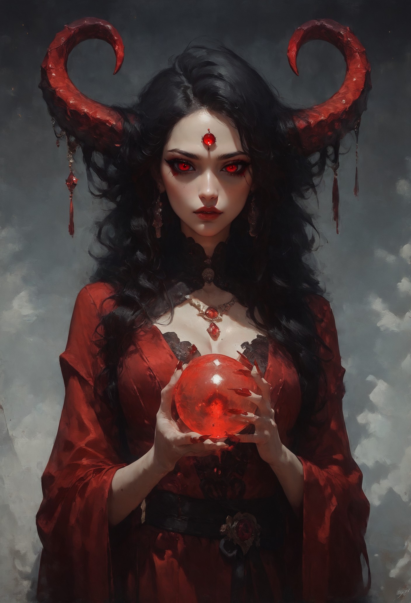 score_9, score_8_up, score_7_up,  solo, a gorgeous japanese girl, ominous, beautiful face, beautiful features, glowing bright red eyes, red pupils, seductive stare, huge demon horns, adorned horns, black sclera, pale skin, black eyeshadow, thick red eyeliner, red lipstick, thick eyelashes, beautiful black hair, bloody hands, dark red gemstone in forehead, dark red jewelry, wearing a black kimono, long red fingernails, black background, red linework around the character, thick line art, large glowing moon behind the character, drapery dress, dark red cloak, looking down at the viewer, cowboy shot, holding dark blue glowing orb, mysterious  <lora:pony/twilight_style:0.8> <lora:pony/expressiveh:0.8> expressiveh <lora:pony/vixon_gothic_oil_style:0.7> d4rk01l