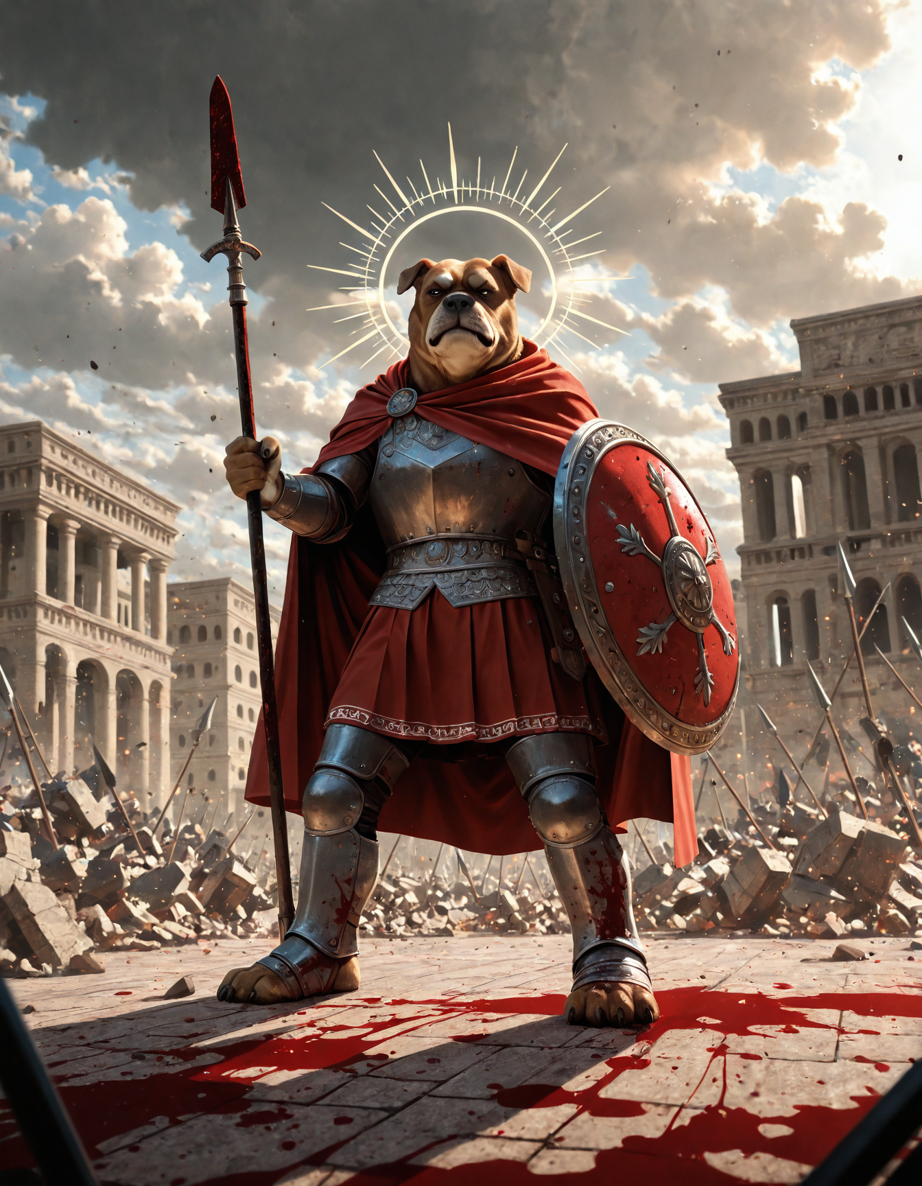 embedding:IllusP0s
,anthropomorphic bulldog leggionaire, bulldog head, standing, imposing,  holding spear,round red shield, roman breastplate,roman clothes, scowl, double halo,pteruges, long red skirt,red cloak,leg armor
,cloudy, godrays, sunshine, roman city background,roman empire
,wide shot, depth of field, realism, no humans, blood splatters on floor, covered in blood, battlefield,solo,debris