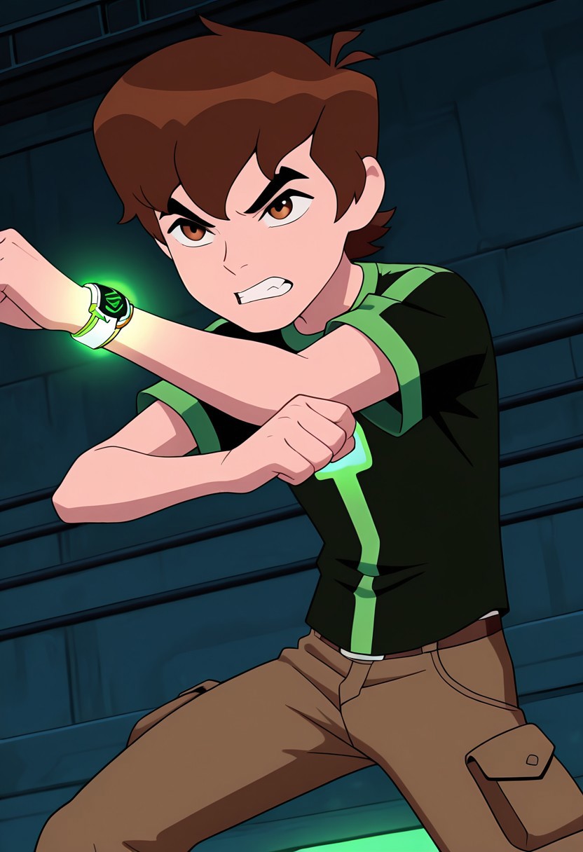 masterpiece, best quality, amazing quality, very aesthetic, absurdres, newest, ((screencap, cartoon))
benov, short hair, brown hair, 1boy, solo, brown cargo pants, ,  thick eyebrows, short sleeves,  black green shirt,
glowing watch, green glow from watch, 
dynamic pose, clenched teeth, battle pose,