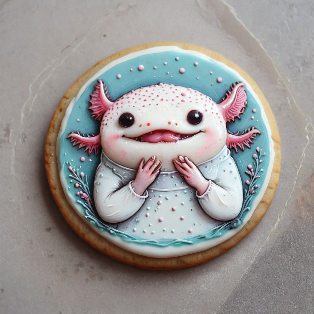 <lora:lora:1>cookie art design,  <lora:Axomodelv2.1:1> simple round cartoon  cookie art,  delicious cute axolotl  cookies  with icing, flat cookies, cookies with cute design  <lora:add-detail-xl:1>,