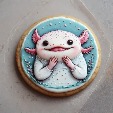 <lora:lora:1>cookie art design, <lora:Axomodelv2.1:1> simple round cartoon cookie art, delicious cute axolotl cookies with icing, flat cookies, cookies with cute design <lora:add-detail-xl:1>,