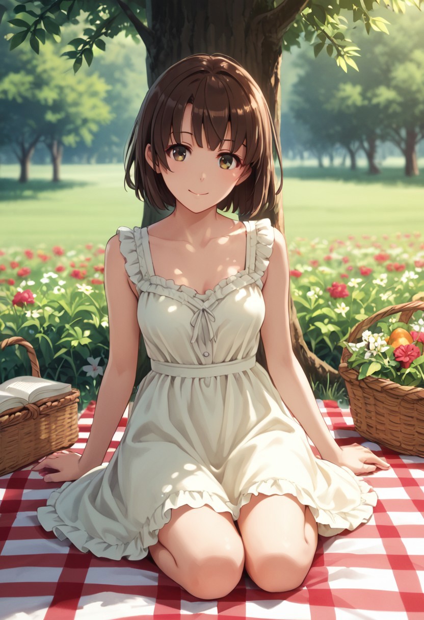 score_9, score_8_up, score_8, score_7_up, source_anime, 
1girl, katou megumi, Megumi <lora:KatoMegumi:1>,brown hair,katou megumi,brown eyes, medium breasts , short hair,   masterpiece, best quality, summer picnic theme, lush green meadow background, wearing a light yellow sundress, sitting on a checkered picnic blanket, surrounded by a basket of fruits, flowers, and an open book, dappled sunlight filtering through tree branches, gentle smile, calm and serene expression, soft wind ruffling her dress and hair, pastel tones, natural lighting, full-body shot, relaxed and cozy atmosphere, depth of field, warm and inviting vibe