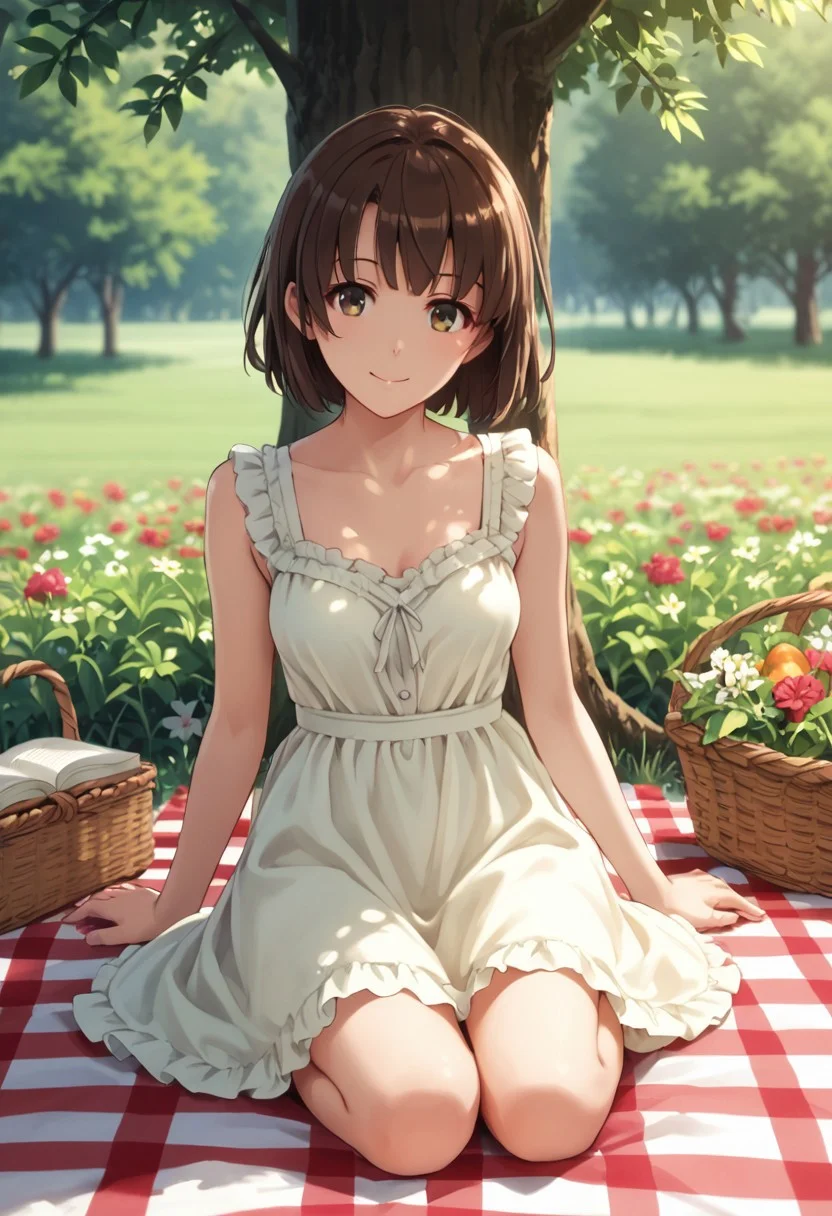 score_9, score_8_up, score_8, score_7_up, source_anime,
1girl, katou megumi, Megumi <lora:KatoMegumi:1>,brown hair,katou megumi,brown eyes, medium breasts , short hair, masterpiece, best quality, summer picnic theme, lush green meadow background, wearing a light yellow sundress, sitting on a checkered picnic blanket, surrounded by a basket of fruits, flowers, and an open book, dappled sunlight filtering through tree branches, gentle smile, calm and serene expression, soft wind ruffling her dress and hair, pastel tones, natural lighting, full-body shot, relaxed and cozy atmosphere, depth of field, warm and inviting vibe