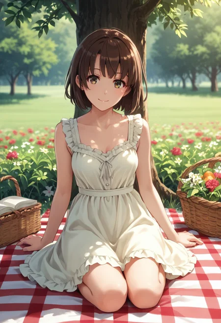 score_9, score_8_up, score_8, score_7_up, source_anime,
1girl, katou megumi, Megumi <lora:KatoMegumi:1>,brown hair,katou megumi,brown eyes, medium breasts , short hair, masterpiece, best quality, summer picnic theme, lush green meadow background, wearing a light yellow sundress, sitting on a checkered picnic blanket, surrounded by a basket of fruits, flowers, and an open book, dappled sunlight filtering through tree branches, gentle smile, calm and serene expression, soft wind ruffling her dress and hair, pastel tones, natural lighting, full-body shot, relaxed and cozy atmosphere, depth of field, warm and inviting vibe