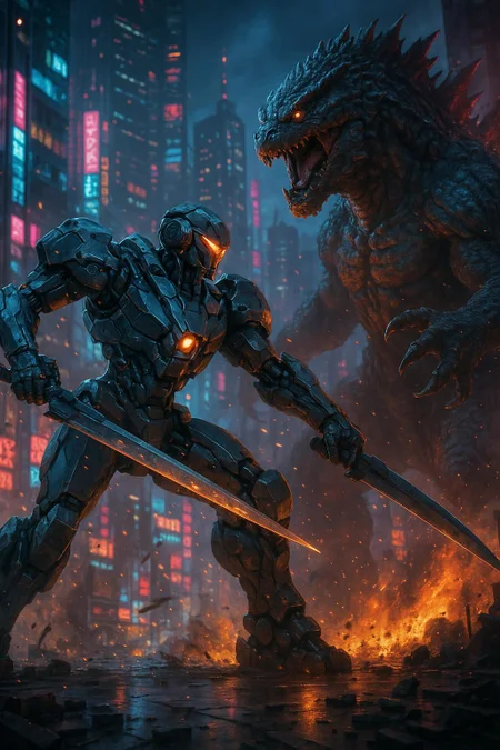 Generate me a realistic, modern,  humanoid mecha robot with blade arms in combat with a giant monster kaiju on a vibrant urban battlefield, highly detailed, neon, high contrast, realistic, 8k, uhd, high quality, depth of field,