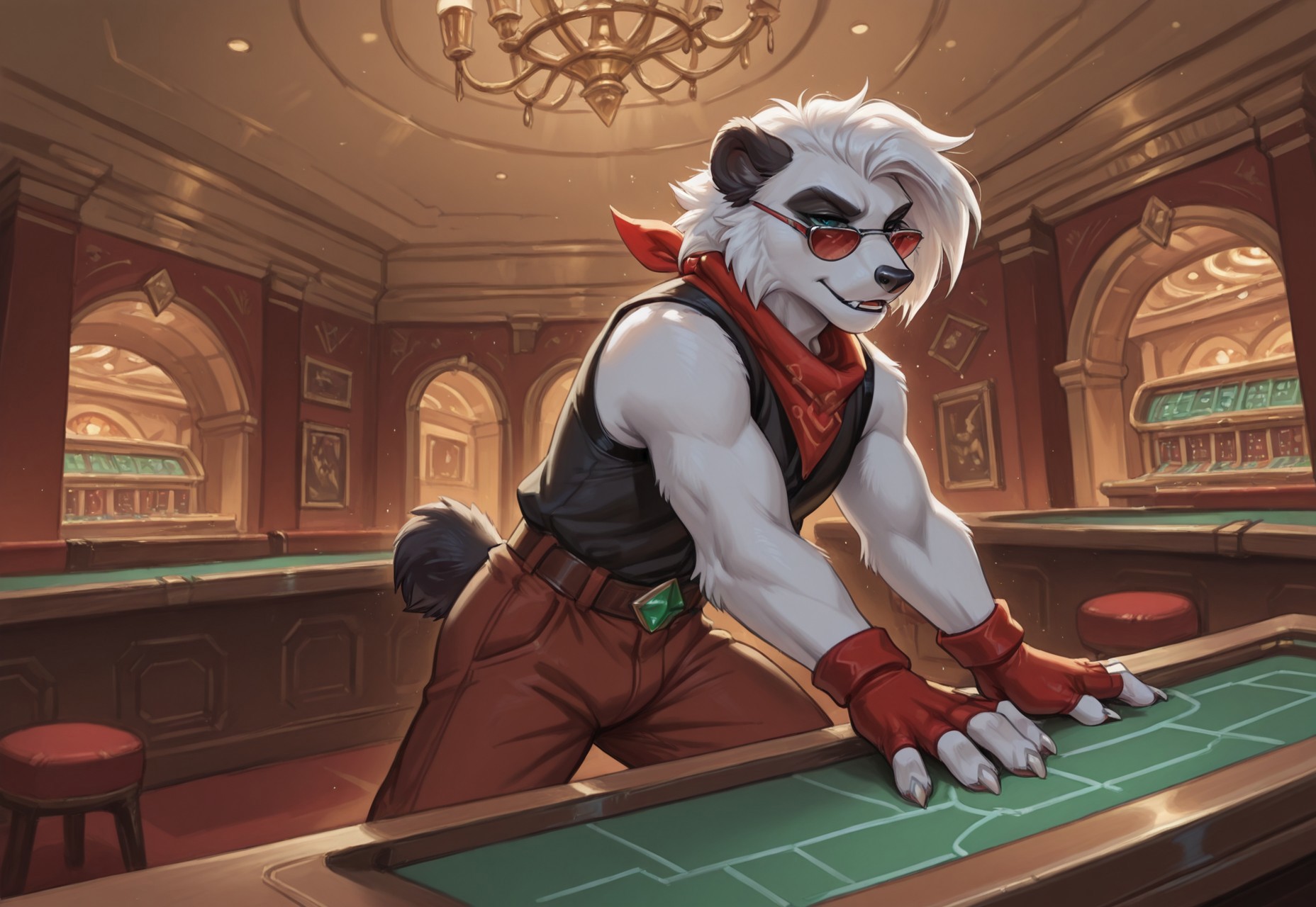 Solo, reallynxgirl_style, rspade_fre3dom_p1anet, mammal, panda, animal ears, furry, 1boy, solo, male focus, furry male, sunglasses, tail, red fingerless gloves, bandana, claws, clothes, adult, white fur, white claws, casino, detailed background