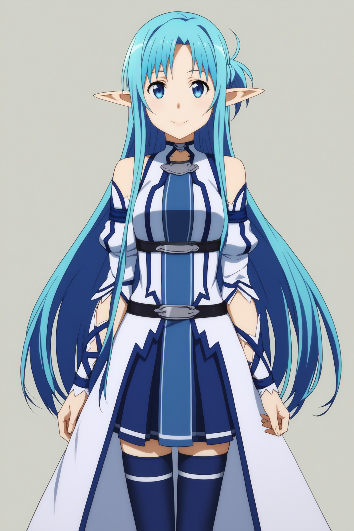 score_9, score_8_up, score_7_up, source anime, prefect lighting, very aesthetic, BREAK, anime coloring, anime screencap, official art, 
<lora:asuna_sao_v2-pdv6:1>, 1girl, asuna \(sao-alo\), sword art online, blue eyes, blue hair, elf,
alout, detached sleeves, pleated dress, blue thighhighs,
BREAK, looking at viewer, smile,
BREAK,