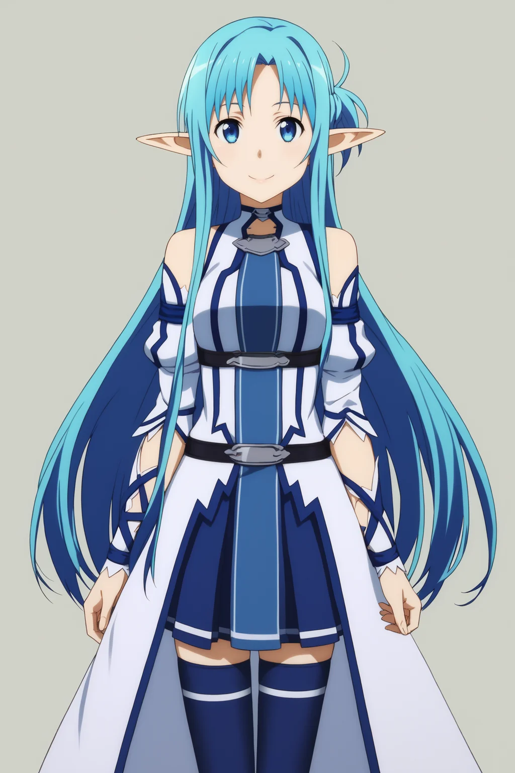 score_9, score_8_up, score_7_up, source anime, prefect lighting, very aesthetic, BREAK, anime coloring, anime screencap, official art,
<lora:asuna_sao_v2-pdv6:1>, 1girl, asuna \(sao-alo\), sword art online, blue eyes, blue hair, elf,
alout, detached sleeves, pleated dress, blue thighhighs,
BREAK, looking at viewer, smile,
BREAK,