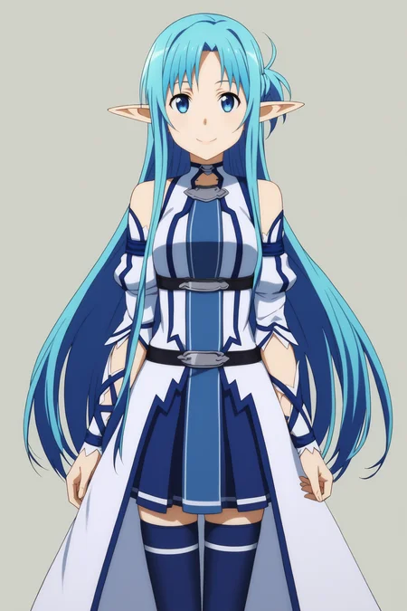 score_9, score_8_up, score_7_up, source anime, prefect lighting, very aesthetic, BREAK, anime coloring, anime screencap, official art,
<lora:asuna_sao_v2-pdv6:1>, 1girl, asuna \(sao-alo\), sword art online, blue eyes, blue hair, elf,
alout, detached sleeves, pleated dress, blue thighhighs,
BREAK, looking at viewer, smile,
BREAK,