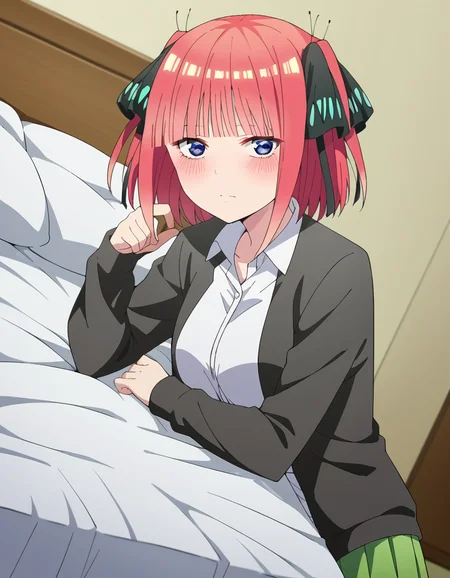 score_9, score_8_up, score_7_up, source_anime,
ninonakano, <lora:nino-nakano-s2-ponyxl-lora-nochekaiser:1>,
nino nakano, short hair, bangs, blue eyes, hair ornament, hair ribbon, pink hair, blunt bangs, two side up, butterfly hair ornament, mature female,
skirt, shirt, long sleeves, white shirt, pleated skirt, open clothes, collared shirt, sleeves past wrists, dress shirt, cardigan, green skirt, open cardigan, black cardigan,
indoors, bed, bed room, on side, blush, drunk,
looking at viewer, cowboy shot, dutch angle, solo,