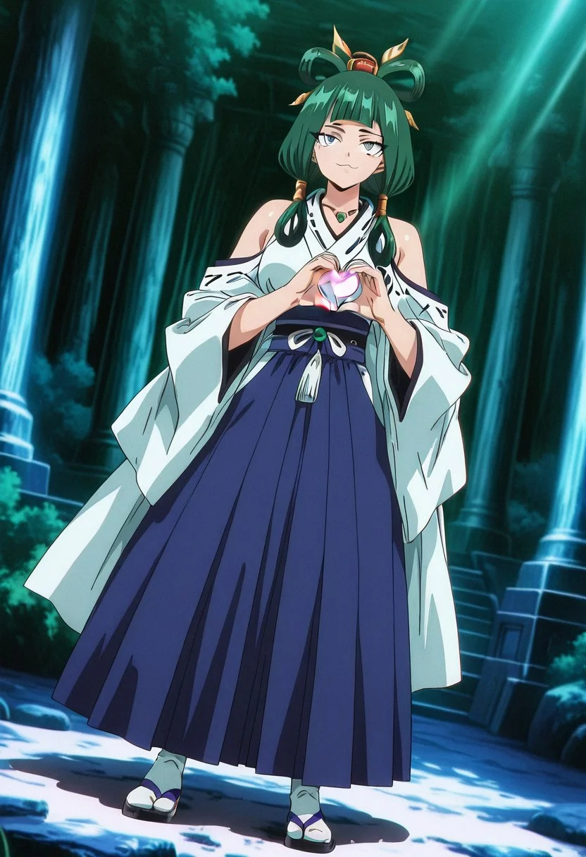 YokoFT, 1girl, solo, green hair, medium hair, hair ornament, blunt bangs, black eyes, :3, necklace with tomoe, japanese clothes, white yukata, blue hakama, wide sleeves, large breast, white socks, sandals,
,seductive pose, sexy pose, tease,
masterpiece, best quality, fine details, intricate details, depth of field, subsurface scattering, bokeh,
ultra-detailed, very aesthetic, detailed background, newest, scenery, highres, absurdres, colorful, vibrant, glowing, perfect face, 2d, perfect eyes, vibrant saturated colors, volumetric lighting, sharp, detailed eyes, perfect anatomy, perfect face, perfect eyes, mature body, clear eyes, beautiful eyes, athletic, curvy body, athletic girl, perky tits, perfect tits, round breasts, pinup pose, teasing, lustful expression, perfect hands,
muscular female, dutch angle,
heart hands,
,Smooth Negative, Smooth_Quality,
90s_anime_aesthetic, 1990s (style), retro, retro artstyle,dark_fantasy_style, dark fantasy, retro,