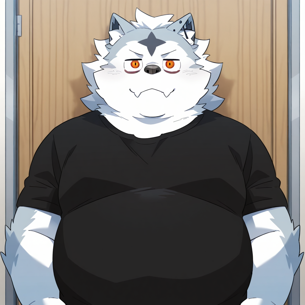 valkianiki, 1boy, solo, furry, male focus, black shirt, upper body, looking at viewer, fangs out, plump