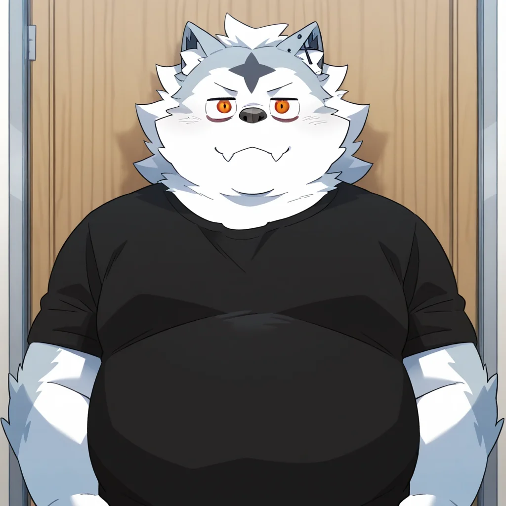 valkianiki, 1boy, solo, furry, male focus, black shirt, upper body, looking at viewer, fangs out, plump
