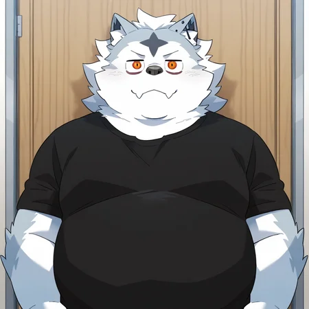 valkianiki, 1boy, solo, furry, male focus, black shirt, upper body, looking at viewer, fangs out, plump