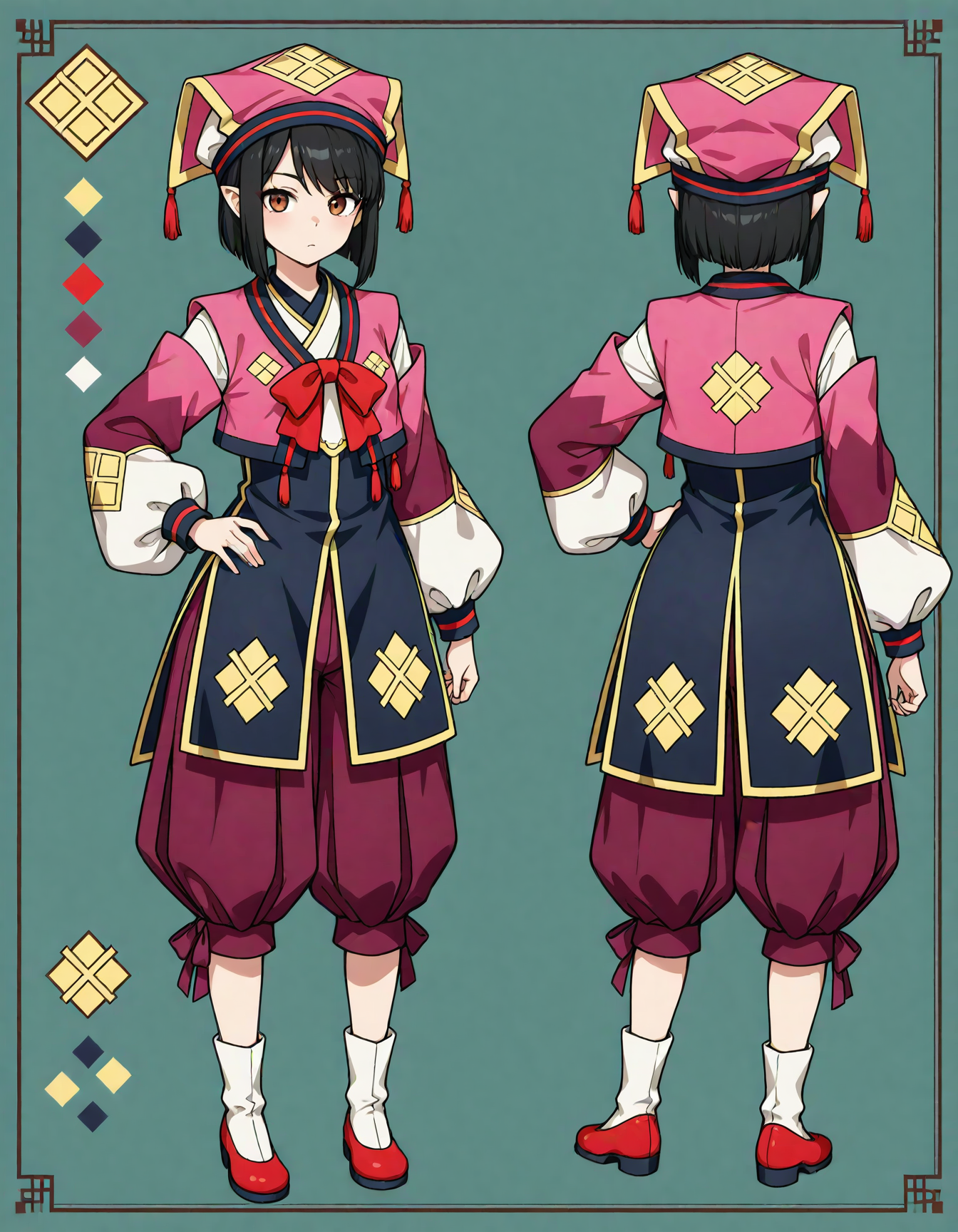 1girl,
very awa, yukumokonaha, brown eyes, black hair, short hair, pointy ears, konahaclothes, pink headwear, pants, purple pants, puffy pants, red bowtie, puffy sleeves, white socks, red shoes, tassel, reference sheet, multiple views, simple background, looking at viewer, talisman, hand on own hip, white shirt, shirt, shoes, socks, mob cap, red bow, sidelocks, frills, full body, hat ornament, long sleeves, hat, juliet sleeves, wide sleeves, bowtie, bow,
masterpiece, best quality, newest, highres, absurdres, general
 <lora:NoobV065sHyperDmd:1> <lora:YukumoKonaha_IXL:1>