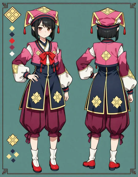 1girl,
very awa, yukumokonaha, brown eyes, black hair, short hair, pointy ears, konahaclothes, pink headwear, pants, purple pants, puffy pants, red bowtie, puffy sleeves, white socks, red shoes, tassel, reference sheet, multiple views, simple background, looking at viewer, talisman, hand on own hip, white shirt, shirt, shoes, socks, mob cap, red bow, sidelocks, frills, full body, hat ornament, long sleeves, hat, juliet sleeves, wide sleeves, bowtie, bow,
masterpiece, best quality, newest, highres, absurdres, general
<lora:NoobV065sHyperDmd:1> <lora:YukumoKonaha_IXL:1>