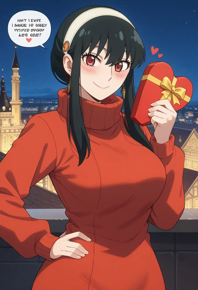 score_9, score_8_up, score_7_up, source_anime,
BREAK,
happy and in love, gentle smile, looking at viewer, Expressiveh, yor briar, black hair, red eyes, sidelocks, hairband, short hair with long locks, white hairband, medium breasts, dress, long sleeves, red sweater, sweater, sweater dress, 1girl, solo, wide hips, blush, text bubble, hearts,
standing, standing straight, one hand on hip, upper body, portrait, holding a heart-shaped gift box,
night, in a luxurious palace rooftop near the beach, outdoors,