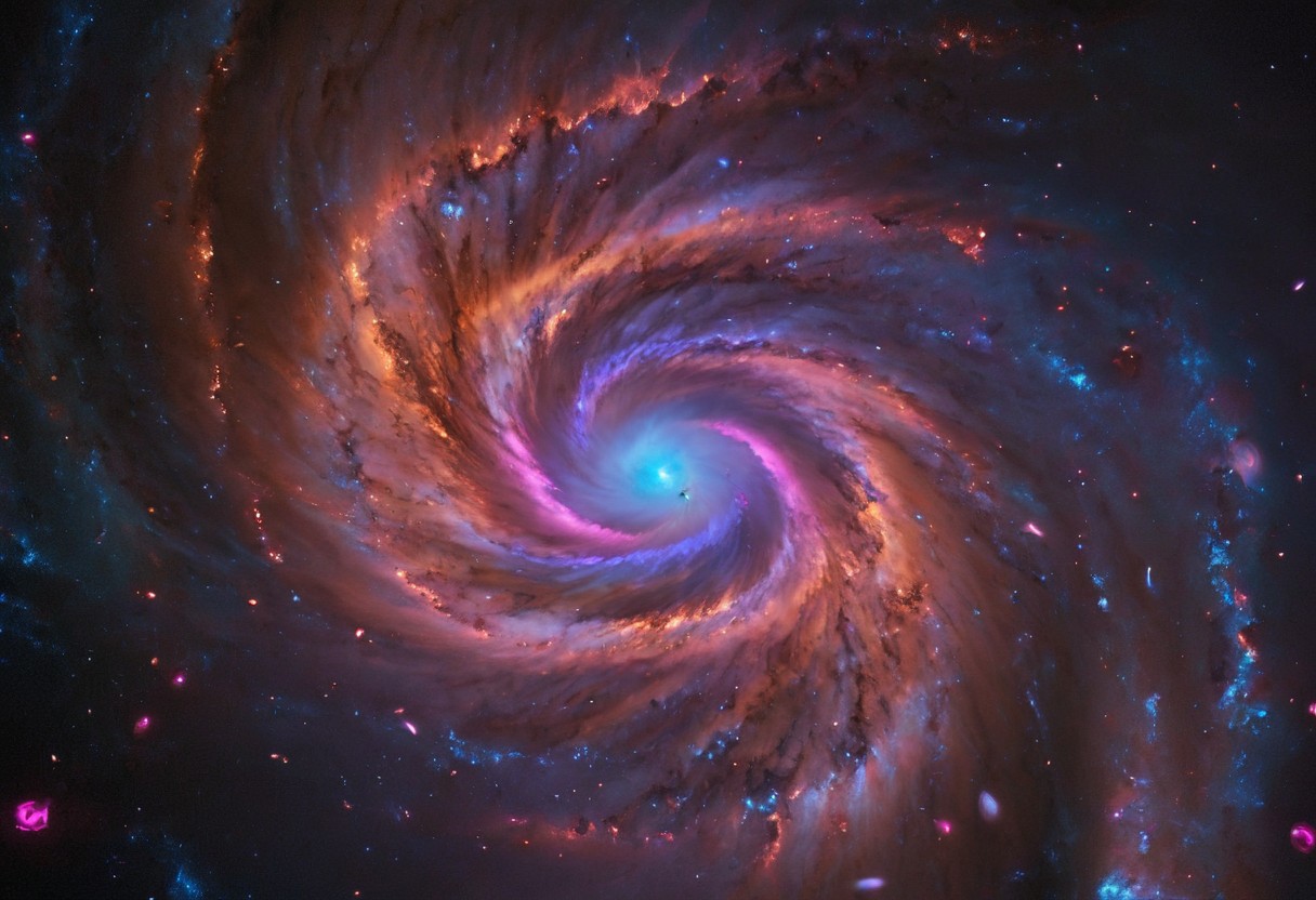 a dynamic and breathtaking image of the universe with vibrant colors and dramatic lighting. Show a swirling nebula in the foreground with bright, intense hues of blue, purple, and pink. In the background, depict a distant galaxy with spiraling arms and scattered stars. Include a supernova explosion, radiating brilliant light, and a mesmerizing black hole at the center, with cosmic debris swirling around it. Add a hint of distant planets and asteroids to create a sense of scale and depth. Make the entire scene feel alive and constantly in motion.