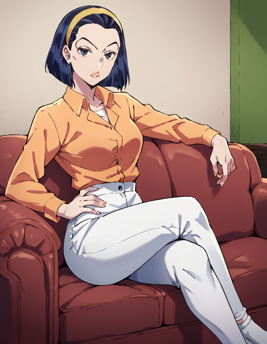 score_9, score_8_up, score_7_up, tomoko_higashikata, yellow hairband, 1girl, solo, short hair, looking at viewer, indoors, living room, lying on couch, socks, crossed legs, white undershirt, salmon shirt, white pants, hand on own hip <lora:TomokoSDXL:1>