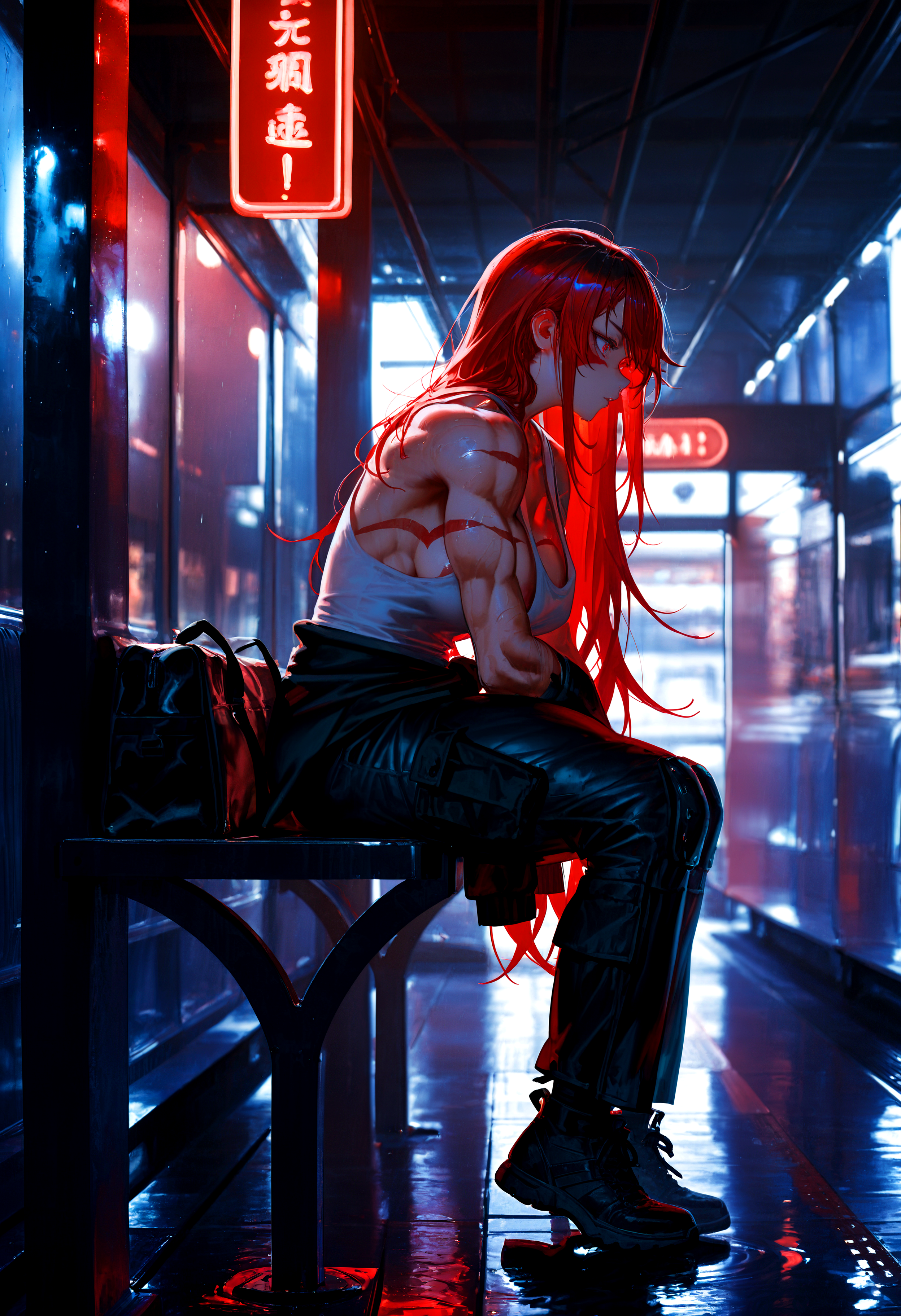HDR, 8K, high contrast, masterpiece, best quality, amazing quality, very aesthetic, superabsurd res, high resolution, ultra-detailed, absurdres, newest, scenery, (horikoshi kouhei:0.3), (quasarcake:0.3), (wlop:0.3), light rays, dynamic angle, Tenkaichi_Fuma Kotaro, 1girl, curvy, toned, muscular female, red eyes, scar on face, very long hair, messy hair, red hair, multicolored hair, gradient hair, swept bangs, facepaint, bodypaint, biceps, muscular, obliques, body markings, breast tattoo, large breasts, abs, wide hips, (thick thighs:1.1), baggy tank top, white tank top, oversized shirt, sideboob, areolae slip, plunging neckline, hoodie tied around waist, baggy cargo pants, heavy rain, black bag rests beside her, sitting, train station platform, high train station platform, (colorful), neon lights, reflections, cyberpunk, glow, neon signs, glowing, backlighting, partially illuminated, Intricately designed, Mysterious Shadows, BREAK, photorealistic, beautiful detailed eyes, detailed skin, detailed hair, volumetric lighting, dappled light, light particles, dramatic shadows, cinematic lighting, photo background, depth of field, <lora:IL\KMS_Tenkaichi_Fuma_Kotaro_IL-000013:0.75> <lora:IL\touching_grass_v0.2:1>