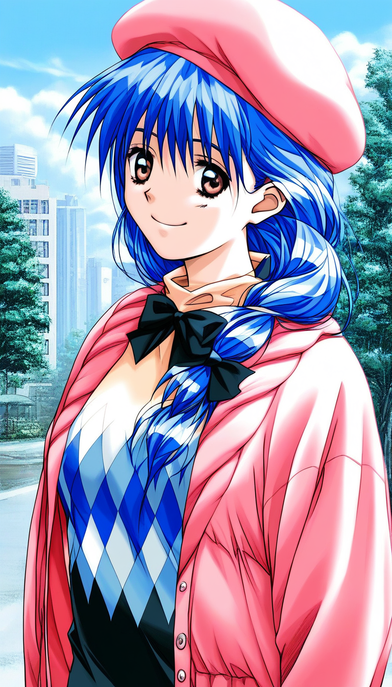 score_9, score_8_up, score_7_up, source_anime, rating_explicit, BREAK  <lora:Yasuda_Azumi_XL:1> Yasuda_Azumi, blue hair, long hair,  bangs, brown eyes, medium breasts, 
pink hat, headwear removed, smile, pink jacket, hat removed, 1990s (style), 
jacket, upper body, bow, pink sweater, long sleeves, shirt, argyle, black bow, 
building, sky, tree,
looking at viewer,