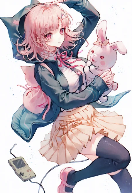 <lora:match2_noob1.1-000190:1>,
1girl, nanami chiaki, shirt, skirt, thighhighs, controller, jacket, neck ribbon, ribbon, medium hair, hood, pink eyes, pink footwear, handheld game console, holding, pleated skirt, white shirt, hair ornament, game controller, monomi \(danganronpa\), flipped hair, breasts, collared shirt, black thighhighs, pink ribbon, long sleeves, brown skirt, large breasts, game boy, hooded jacket, bag, open jacket, shoes, dress shirt, looking at viewer, white background, open clothes, ear bow, smile, solo, shirt tucked in, game console, black jacket, green jacket, black shirt, pink hair, arm up,
masterpiece,best quality,newest,absurdres,highres,very awa,