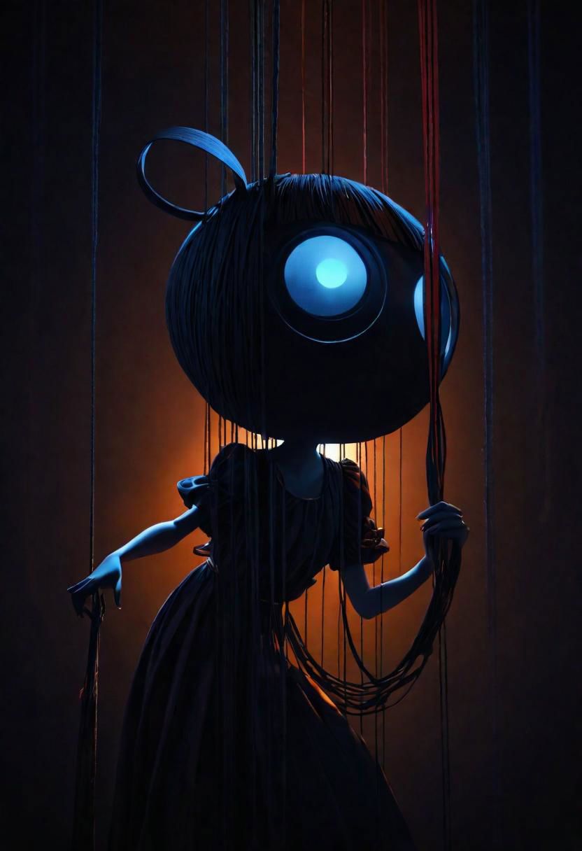 Generate an illustration of an anime puppeteer manipulating shadows and strings, symbolizing the art of puppeteer moves in dark psychology. The figure should have a mysterious aura., poster, typography, vibrant, cinematic, photo, 3d render