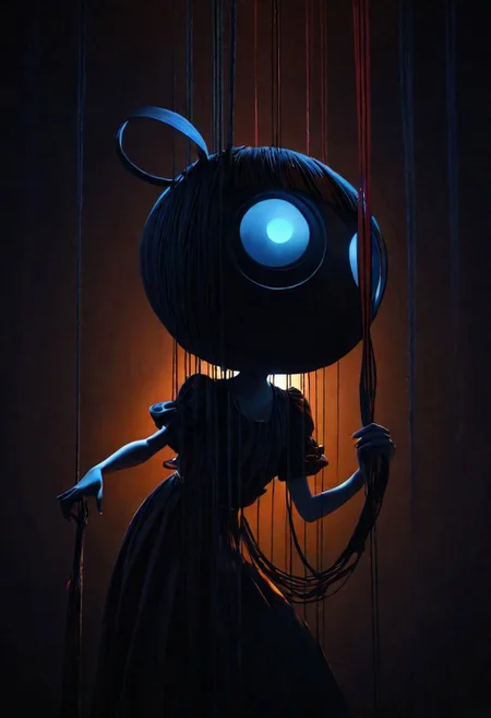 Generate an illustration of an anime puppeteer manipulating shadows and strings, symbolizing the art of puppeteer moves in dark psychology. The figure should have a mysterious aura., poster, typography, vibrant, cinematic, photo, 3d render