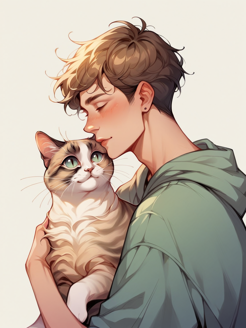 score_9, score_8_up, score_7_up, score_6_up, score_5_up,   <lora:c4tsXLP:0.9> c4ts, (tabby:0.6) siamese cat,  <lora:p3tl0v3XLP:1> p3tl0v3, 1boy, cat,